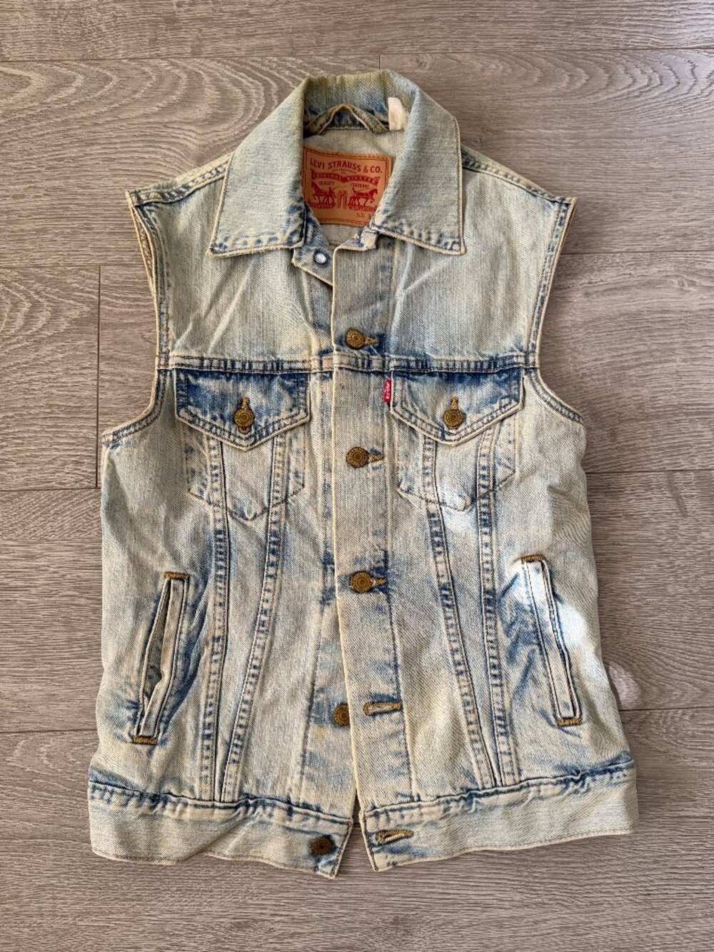 Levis Mens XS Light Wash Acid Wash Denim Trucker Vest Sleeveless